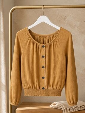 Crescent & Willough Mustard Button-Up Blouse
